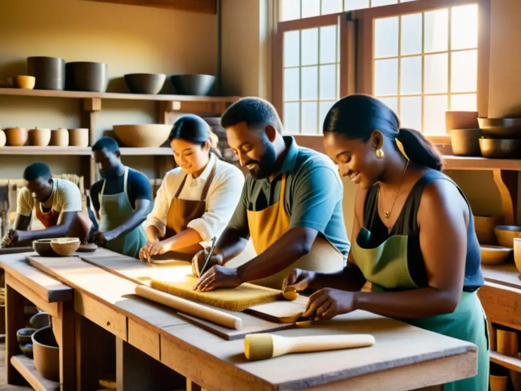 Un taller de artesanos trabajando juntos en un ambiente cálido y luminoso, rodeados de materiales sostenibles