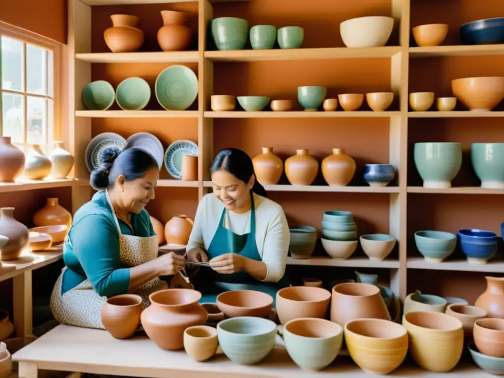 Un taller de artesanos locales trabajando juntos en un ambiente cálido y soleado, rodeados de su artesanía mientras crean