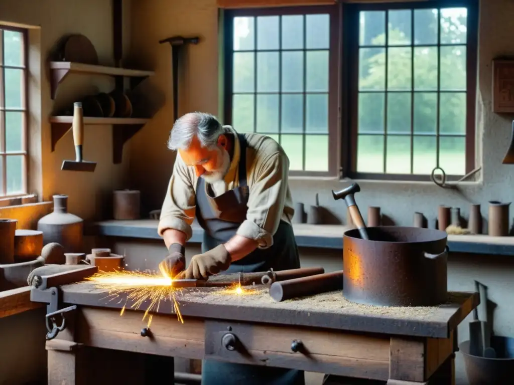 Un taller de herrería vintage con banco de trabajo de madera desgastada, metalurgia artesanal digital wabi-sabi