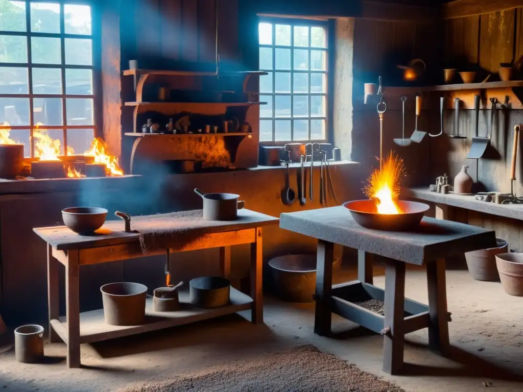 Un taller de herrería vintage con un banco de trabajo de madera cubierto de limaduras de hierro