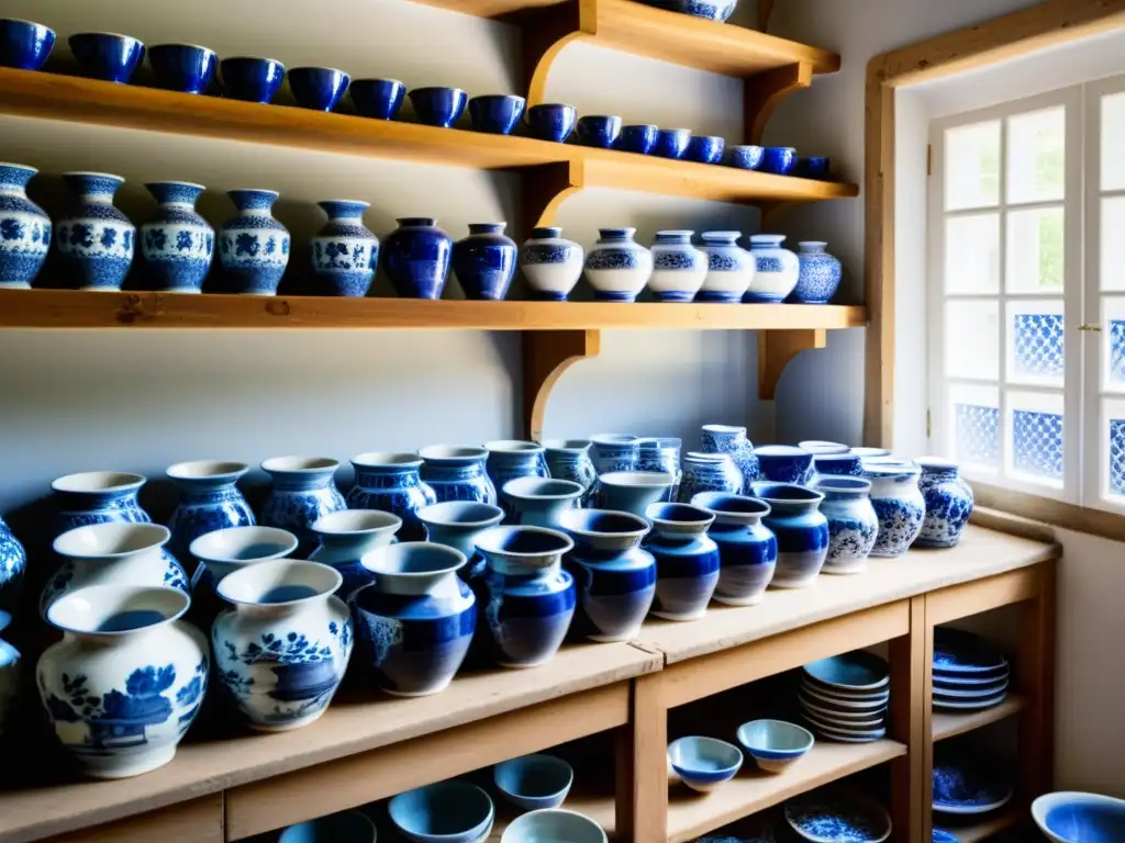 Un taller de cerámica de Delft con artesanos expertos pintando delicadas piezas en azul y blanco