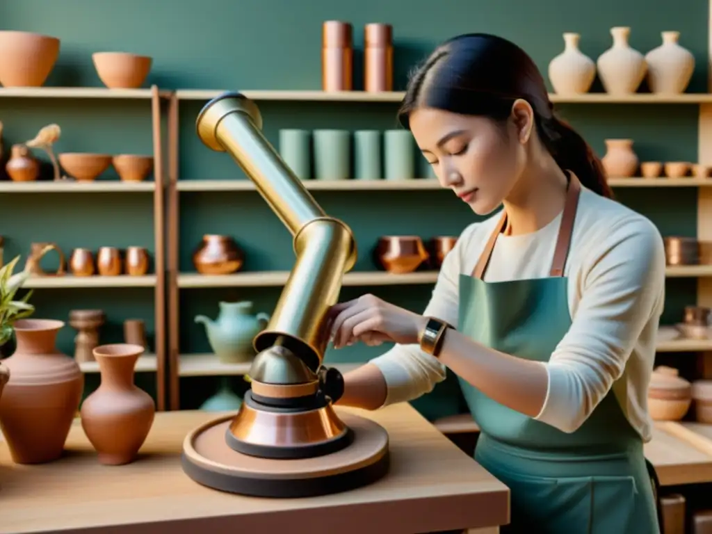 Un taller de cerámica con un brazo robótico vintage moldeando una vasija de arcilla en un torno