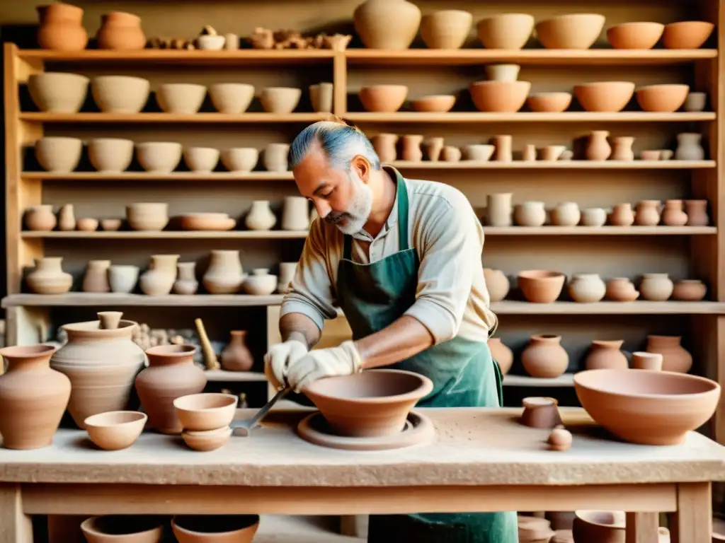 Un taller de cerámica tradicional con un artesano experto creando piezas en una rueda de alfarería