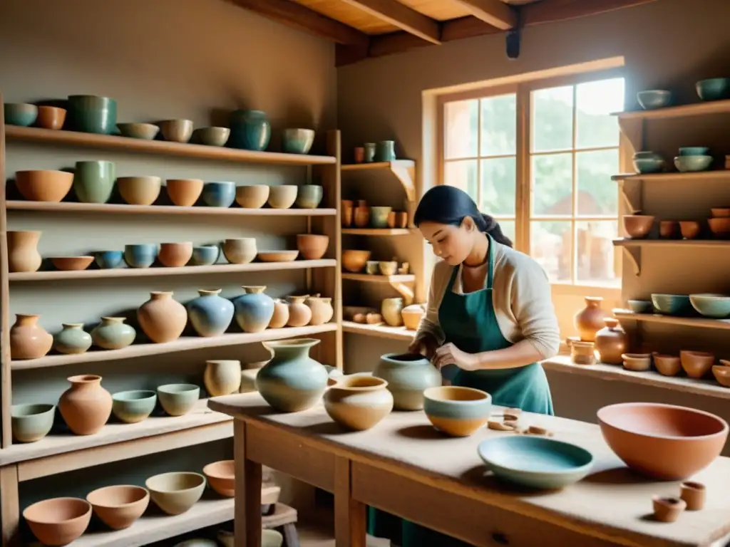 Un taller de cerámica vintage con artesanos expertos creando demanda cerámica artesanal ecommerce en un espacio rústico iluminado por luz natural