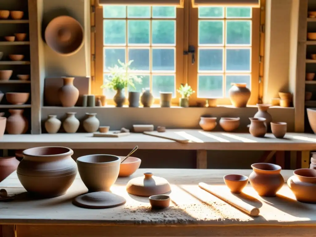 Un taller de cerámica vintage con mesas de trabajo de madera envejecida, rueda de alfarero y piezas de cerámica en diferentes etapas de creación