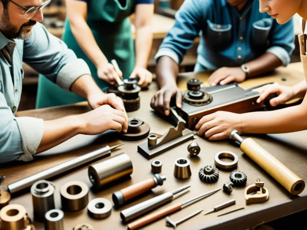 Un taller colaborativo de artesanos y tecnólogos, rodeados de herramientas y maquinaria vintage