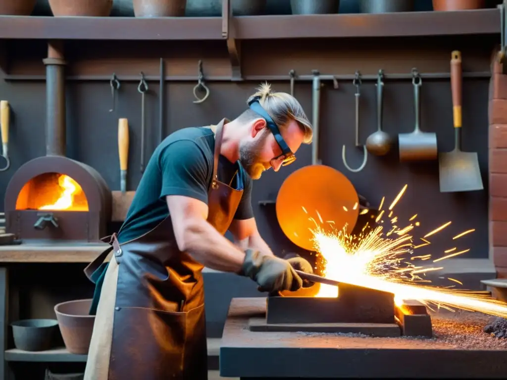 Un taller de herrería vintage con fragua de carbón, el artesano moldea metal con destreza