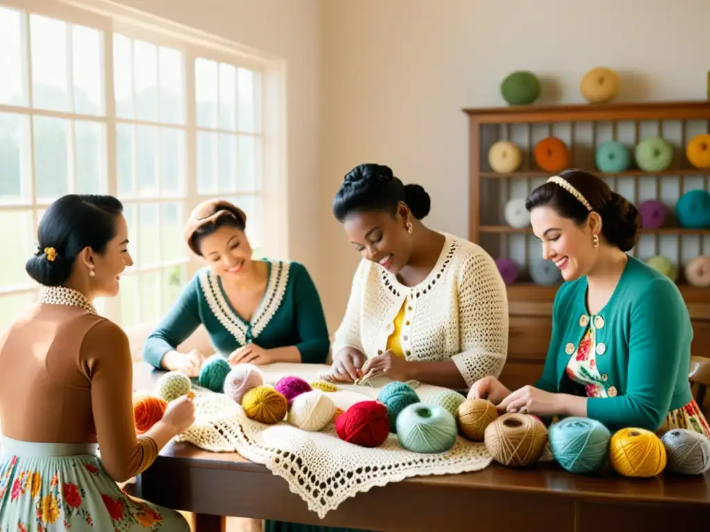 Un taller de ganchillo vintage con mujeres tejedoras y cálida luz natural