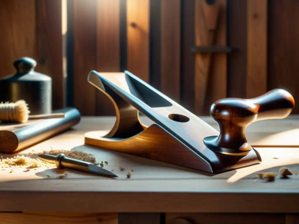 Un taller de carpintería iluminado por el sol, con una cepilladora vintage alisando una tabla de madera