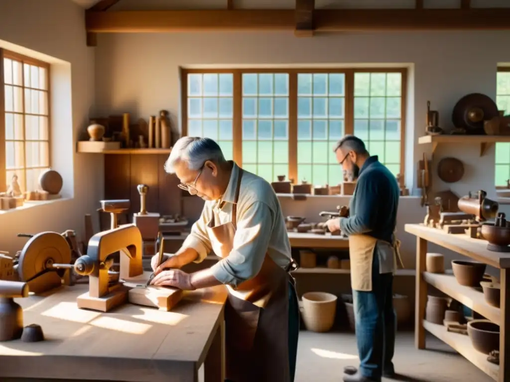 Artesanos tallando esculturas de madera con maestría y tradición Un taller lleno de artesanos trabajando con cuidado en esculturas de madera, rodeados de maquinaria vintage y herramientas