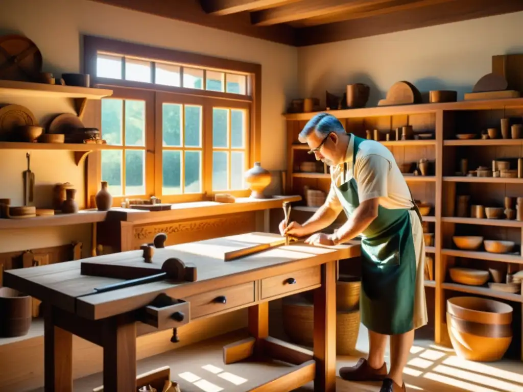 Un taller de carpintería vintage con muebles tallados a mano en estantes, un artesano detalladamente tallando una mesa de madera