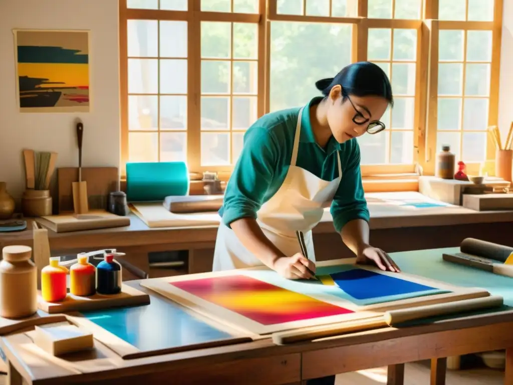 Un taller de serigrafía artesanal con una mesa de madera llena de tintas coloridas, raspadores y pantallas