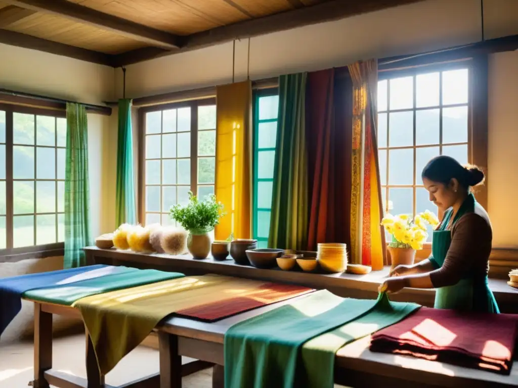 Un taller de textiles tradicional, con artesanos tiñendo telas con tintes naturales de plantas y flores