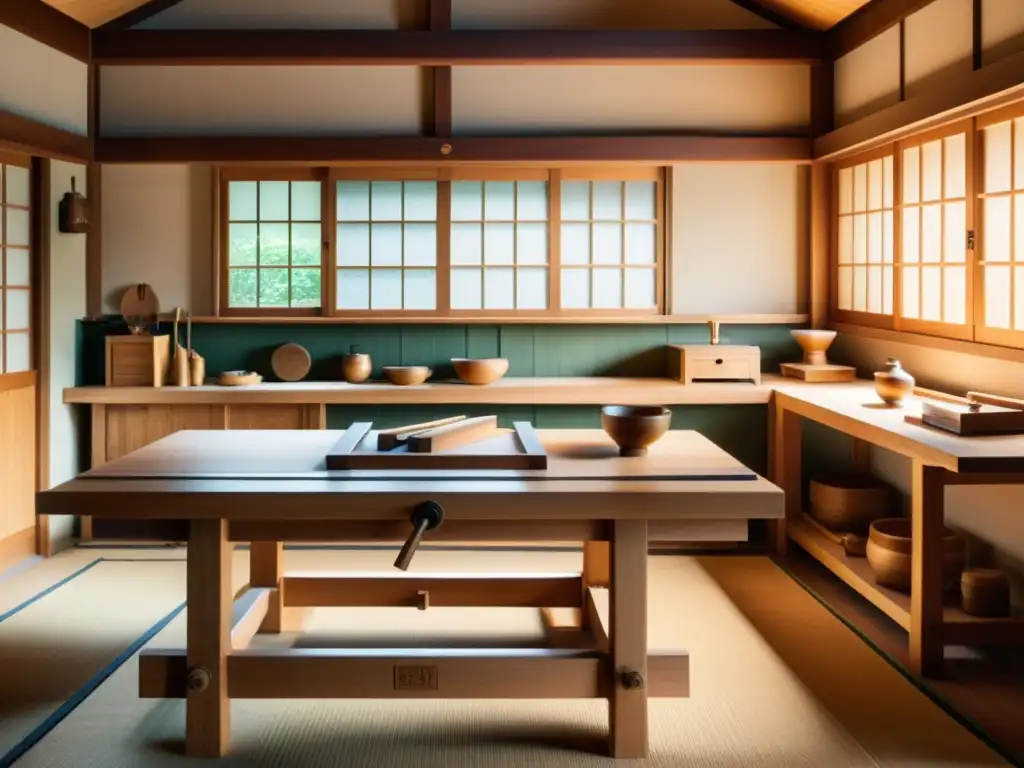 Un taller de carpintería japonés tradicional, con artesanos creando muebles y herramientas con técnicas manuales