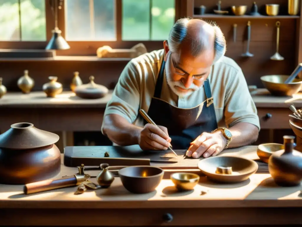 Un taller de orfebrería tradicional con herramientas antiguas y joyas delicadas en un banco de trabajo