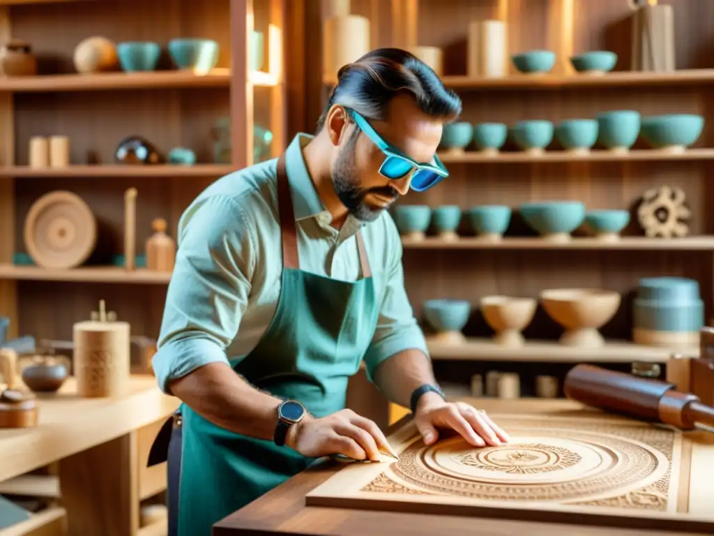 Un taller vintage con herramientas artesanales tradicionales y realidad aumentada en artesanía tradicional