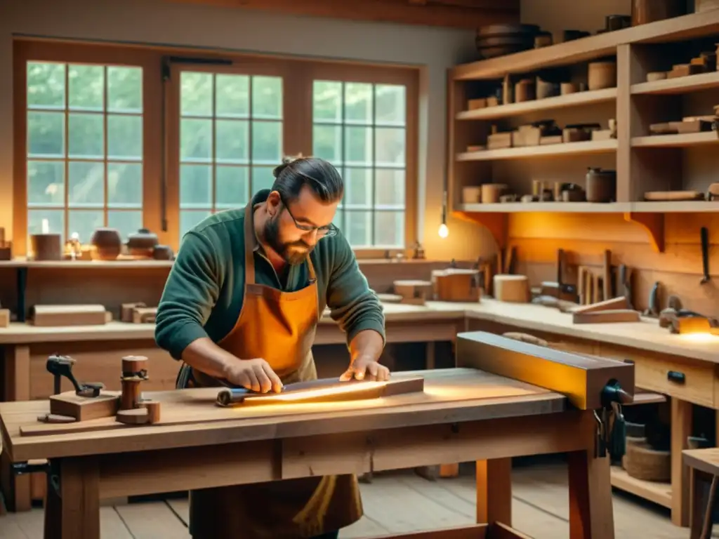 Un taller de carpintería vintage iluminado suavemente, con un artesano creando una mesa de madera