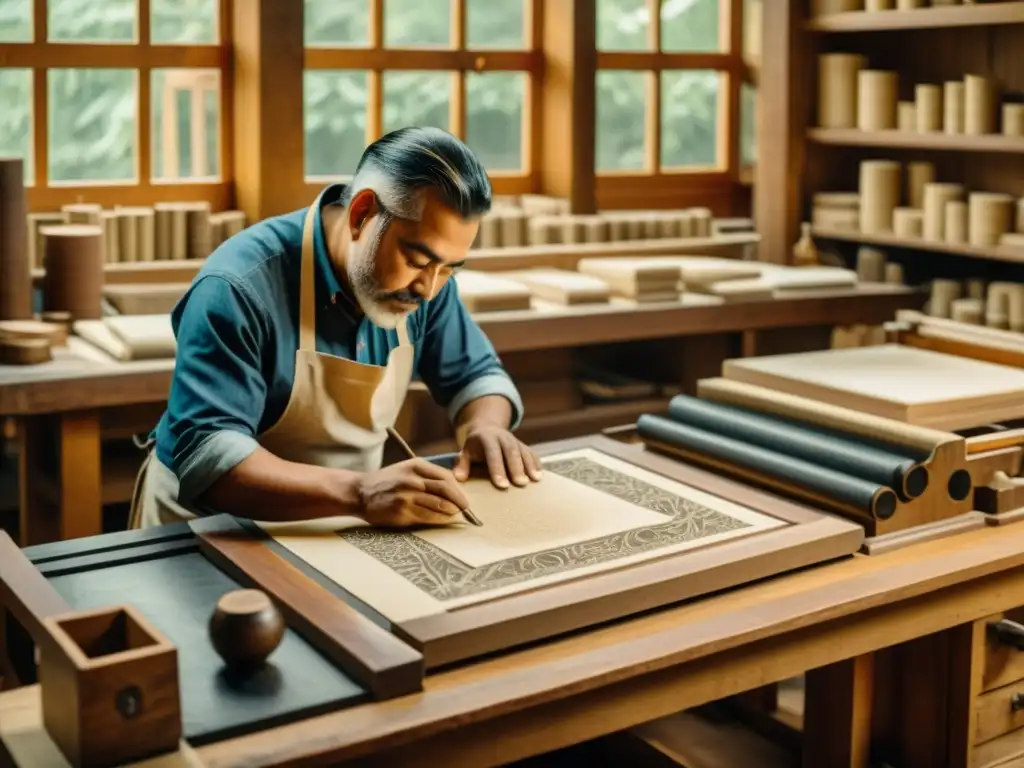 Un taller de xilografía artesanal con un artesano tallando diseños en un bloque de madera rodeado de prensas de impresión y papel hecho a mano