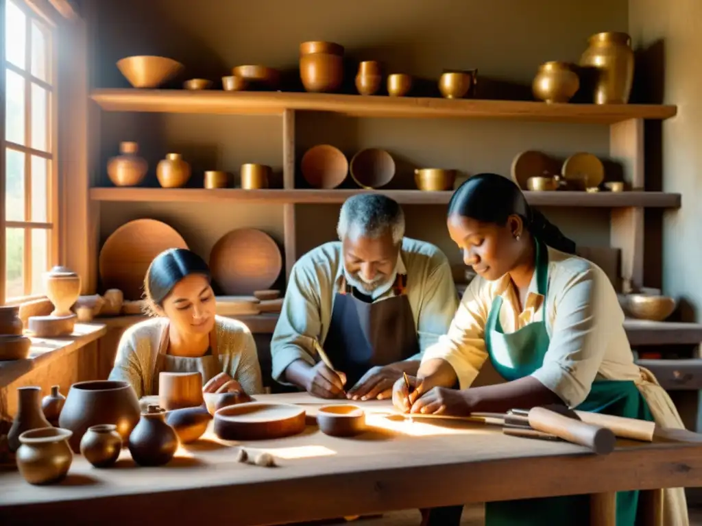 Talleres colaborativos de artesanía tradicional: artesanos creando juntos en un ambiente cálido y lleno de creatividad