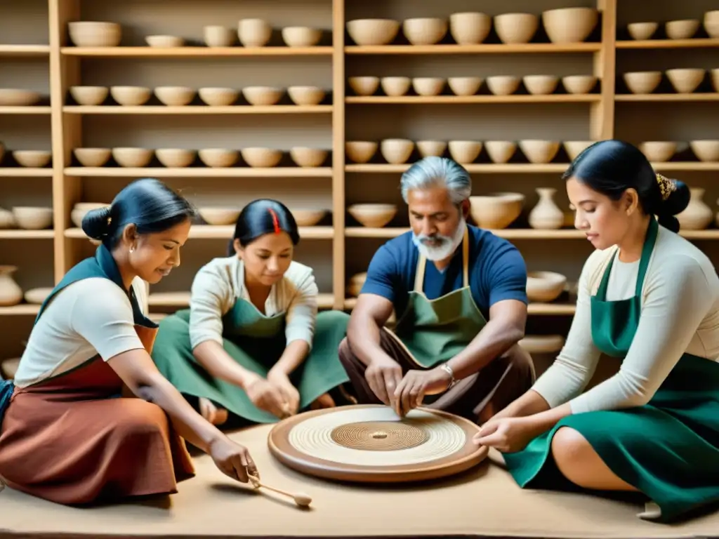 Talleres colaborativos de artesanía tradicional: grupo de artesanos inmersos en la creación, reflejando orgullo y colaboración