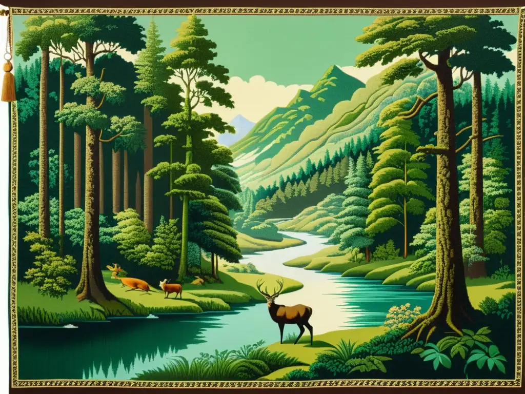 Tapiz vintage de artesanía ecosostenible muestra exuberante bosque con vida silvestre y río, evocando armonía con la naturaleza