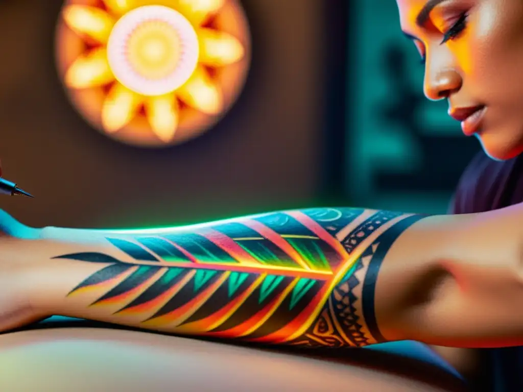 Un tatuador digital crea intrincados diseños tribales brillantes en el antebrazo de un modelo