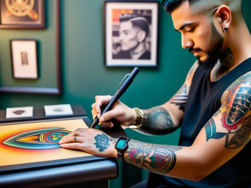 Un tatuador crea diseños futuristas con tecnología digital en un estudio vintage, integrando la tecnología digital en el arte corporal