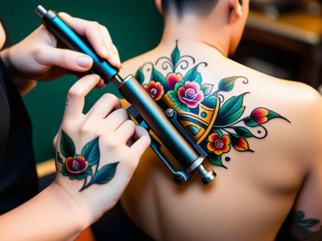 Un tatuador usa una máquina de tatuaje vintage para crear un diseño digital en la piel de un cliente, fusionando tecnología digital y arte corporal