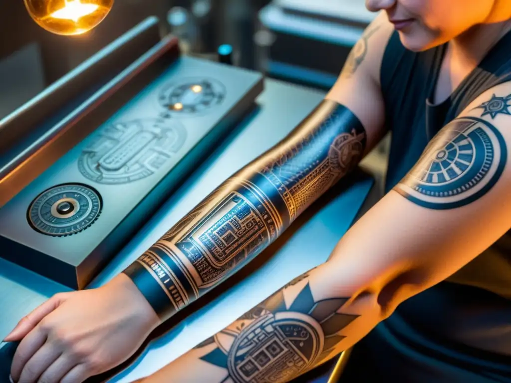 El tatuador integra tecnología digital y arte corporal en un ambiente vintage con atmósfera única