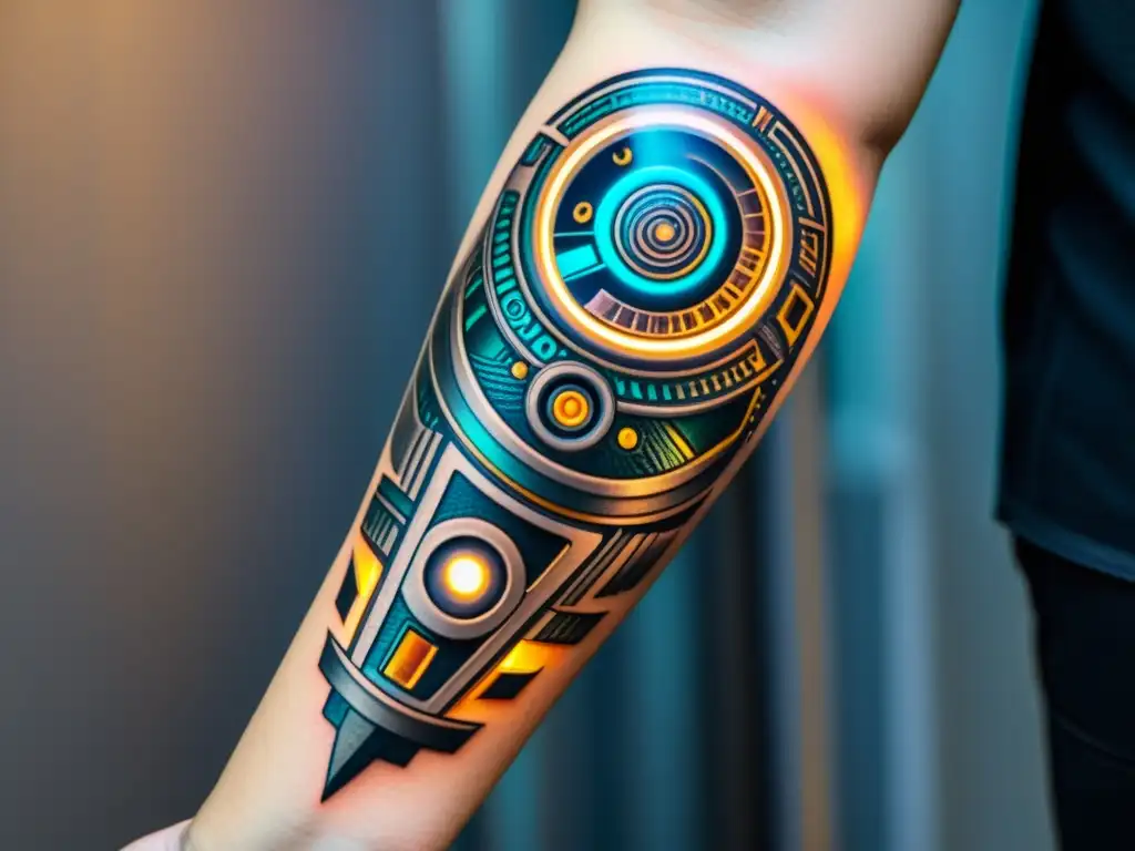 Un tatuaje biomecánico vintage con diseño de circuitos integrados, luces LED y texturas metálicas en el antebrazo de una persona