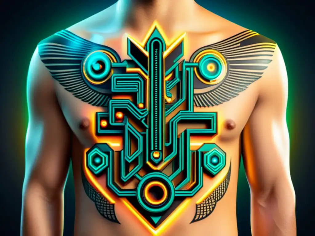 Tatuaje digital: arte corporal tecnológico que combina circuitos y elementos futuristas en un diseño vintage detallado y vibrante