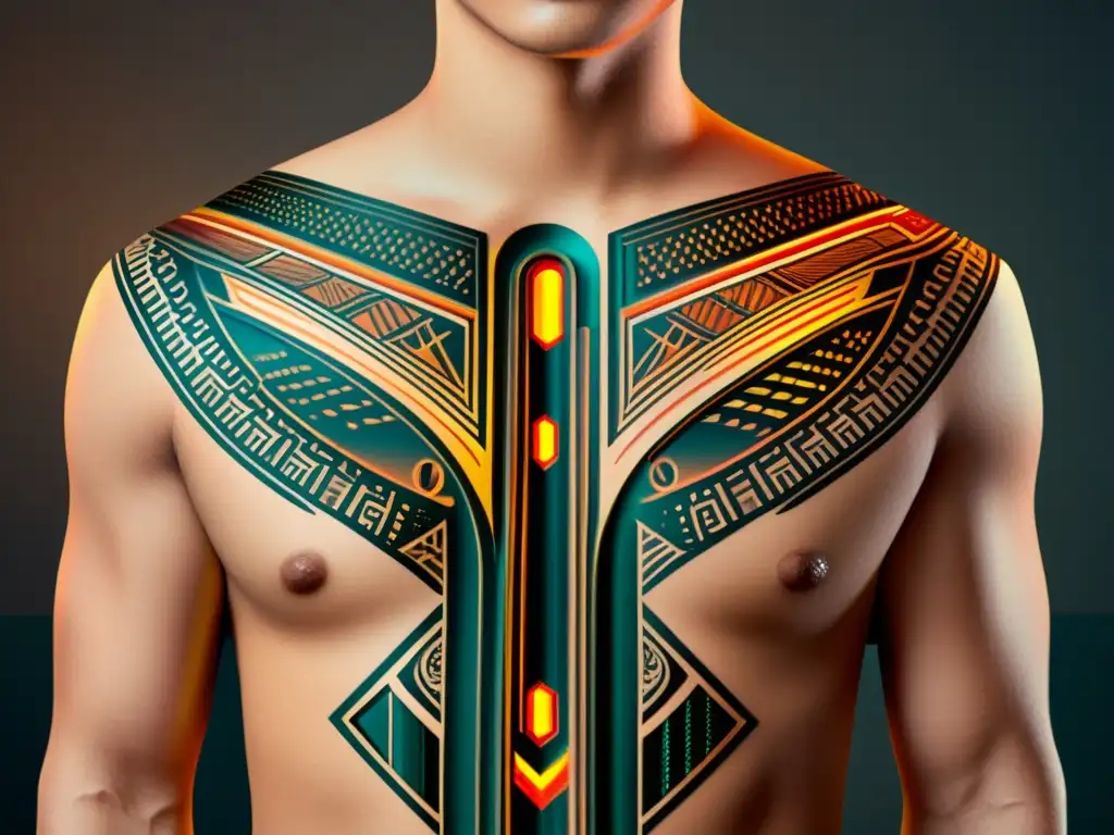 Tatuaje digital: arte corporal tecnológico de diseño vintage en tonos cálidos, fusionando patrones futuristas con elementos de tatuaje tradicional