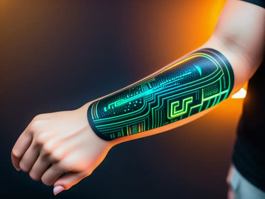 Un tatuaje futurista de circuitos y luces neon en el antebrazo, integración tecnología digital arte corporal con toque nostálgico