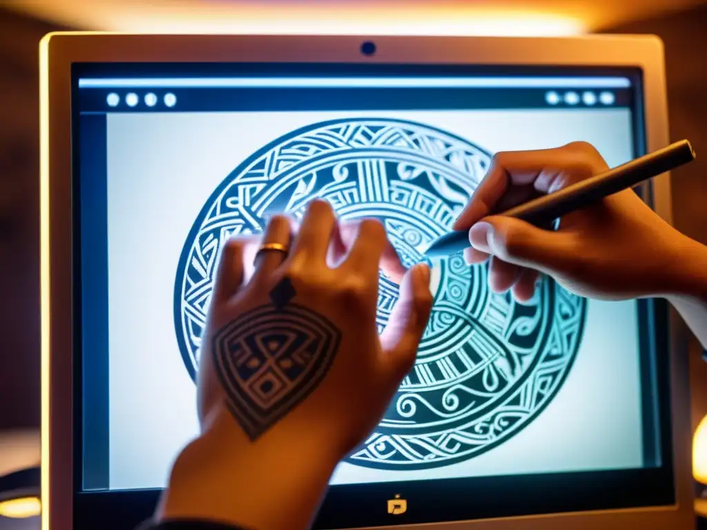 Un tatuaje tribal tradicional se digitaliza en un monitor vintage