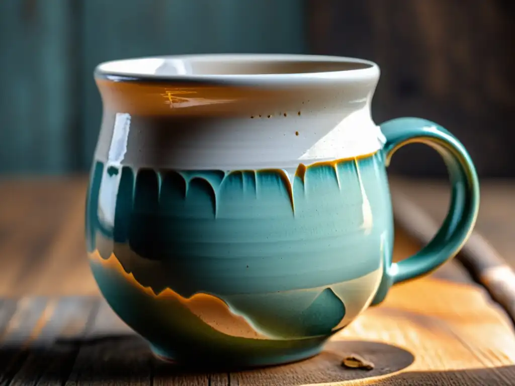 Una taza de cerámica artesanal con imperfecciones y variaciones en la superficie, sobre madera envejecida