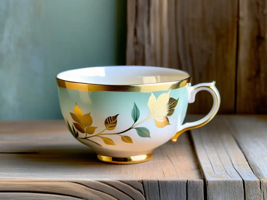 Una taza de porcelana vintage con diseños florales pintados a mano en tonos suaves y detalles en oro, sobre fondo de madera envejecida