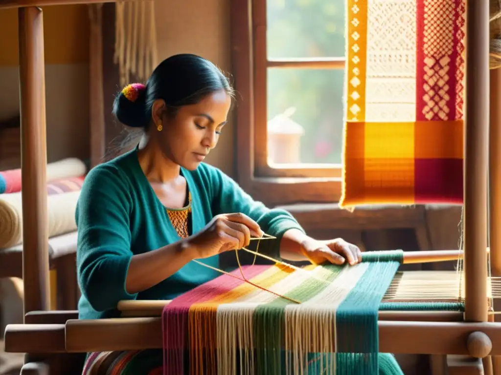 Un tejedor artesanal en su telar, entre hilos y textiles coloridos, fusionando tradición con la cultura digital