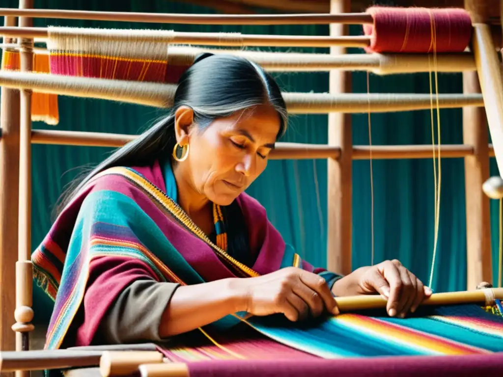 Una tejedora quechua experta teje con habilidad en un telar tradicional, rodeada de hilos de colores vibrantes y patrones textiles intrincados