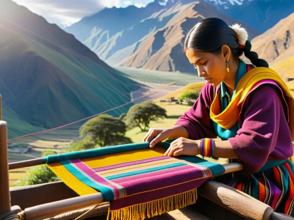 Una tejedora quechua crea un textil tradicional en un telar de madera, rodeada de colores vibrantes y patrones intrincados, con los Andes de fondo