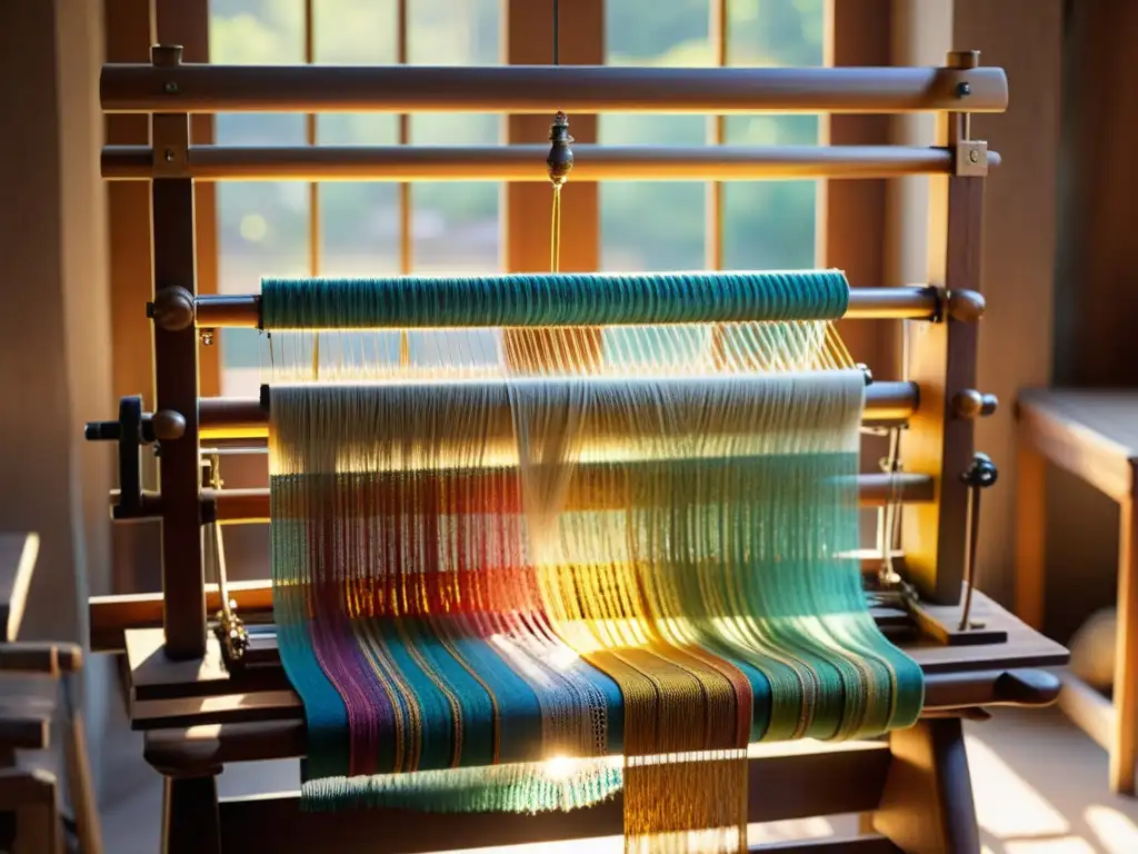 Una tejeduría vintage con detalles de madera y hilos coloridos en un taller rústico iluminado por el sol