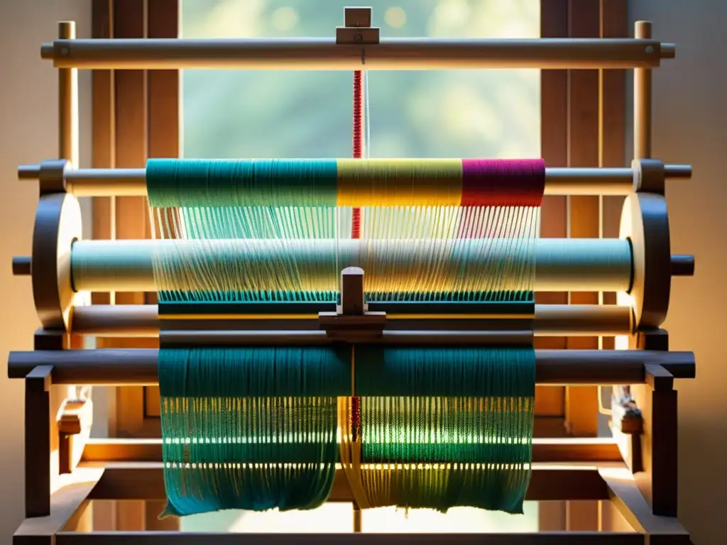 Un telar artesanal de madera con hilos coloridos entrelazados, creando un hermoso patrón textil