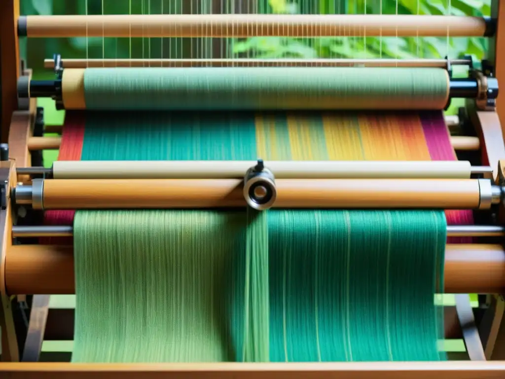 Un telar Jacquard vintage en acción, tejiendo patrones digitales inspirados en elementos naturales