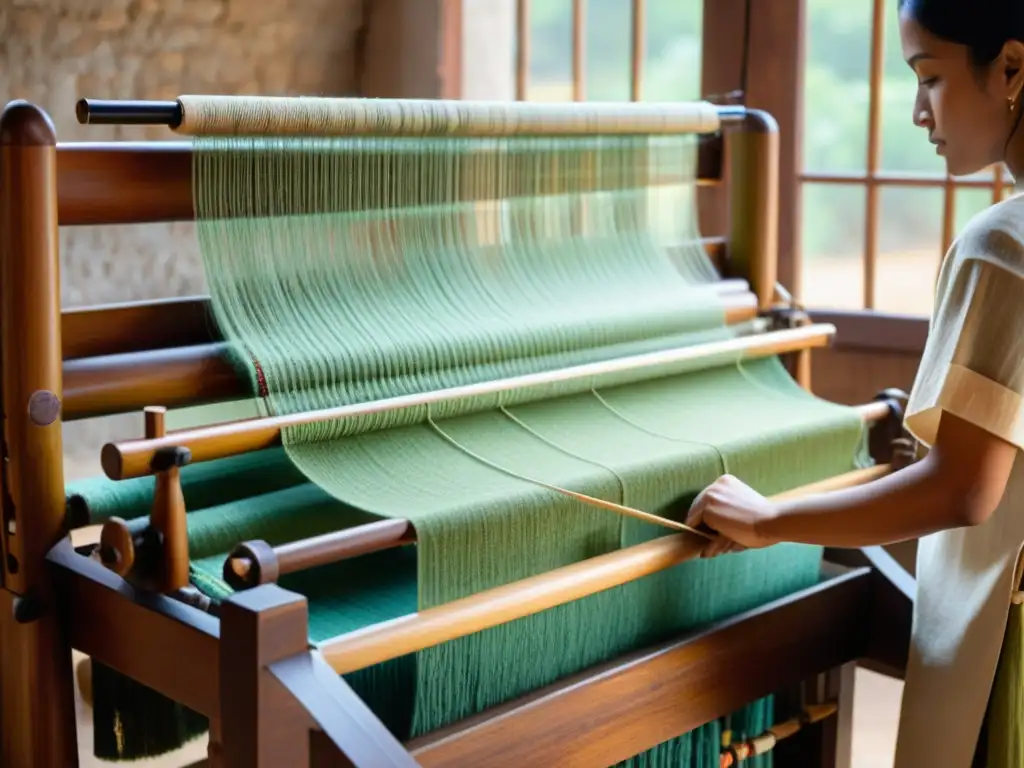 Un telar confeccionando textiles de forma artesanal con tecnología en el tejido artesanal, resaltando la fusión de técnicas tradicionales y modernas