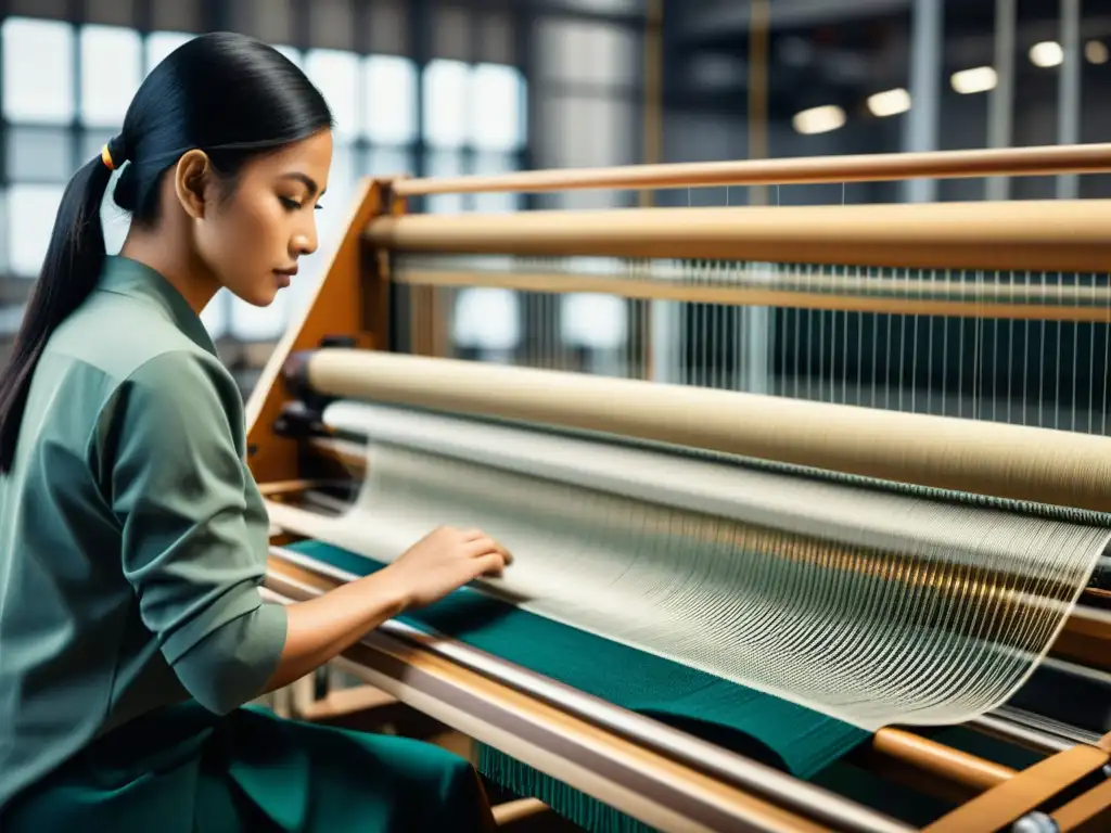 Un telar tradicional con intrincados patrones es tejido por manos expertas, frente a una moderna fábrica textil