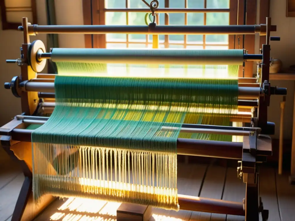 Un telar vintage en una cálida y detallada atmósfera, con hilos de colores formando un patrón tradicional, manos hábiles tejiendo