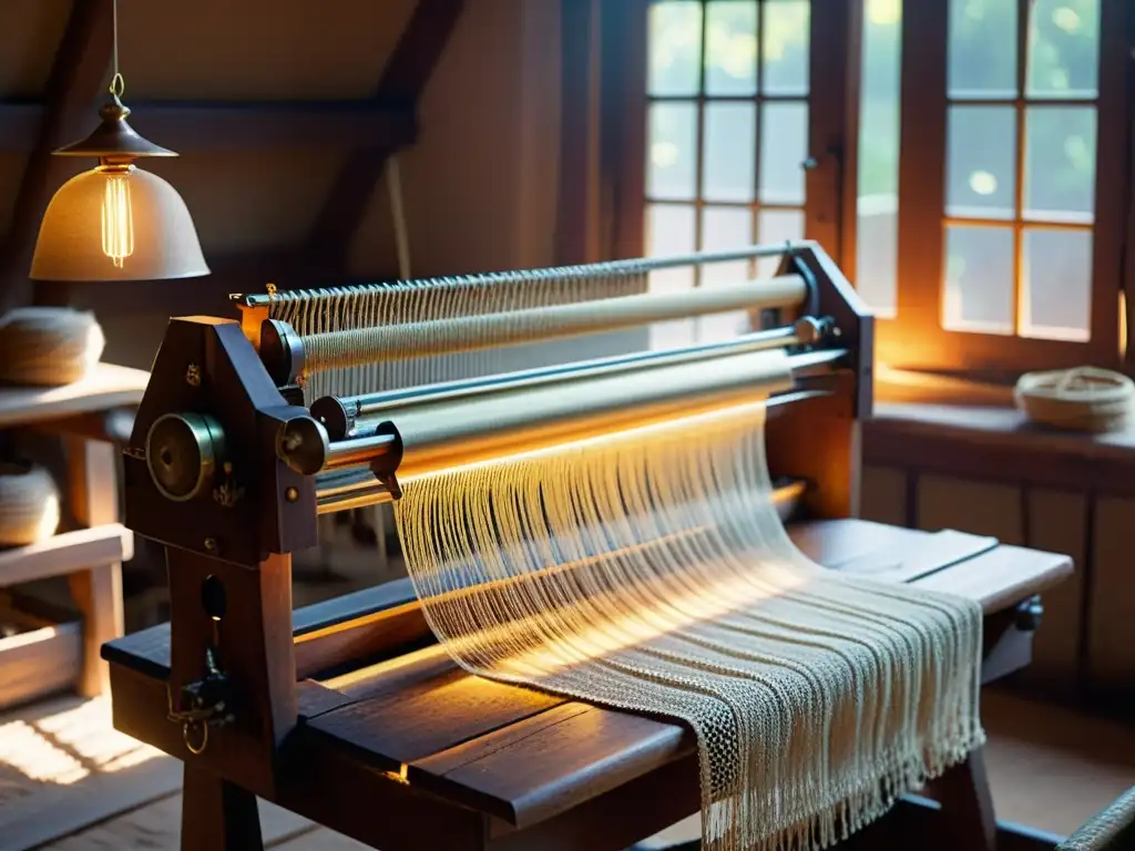 Un telar vintage en un taller artesanal iluminado por luz dorada, con hilos delicados tejiendo textiles inteligentes artesanales tecnología wearable