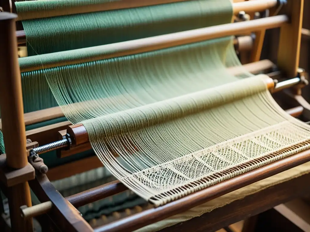 Telares artesanales: tradición y artesanía Un telar vintage en un taller de textiles artesanales con aplicaciones textiles reciclados era digital, iluminado por una suave luz cálida