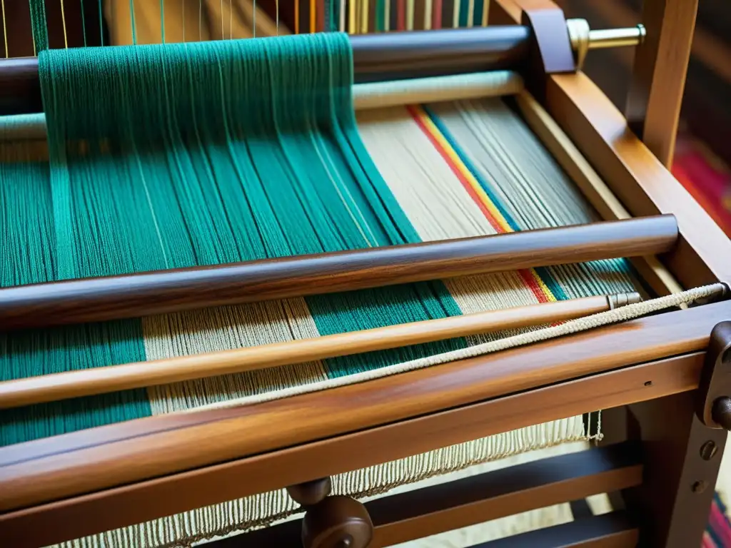 Tapestry artesanal: detalles coloridos en telar de madera vintage Un telar vintage con tapices artesanales digitales narrativos en tonos cálidos y texturas detalladas, iluminado por luz natural