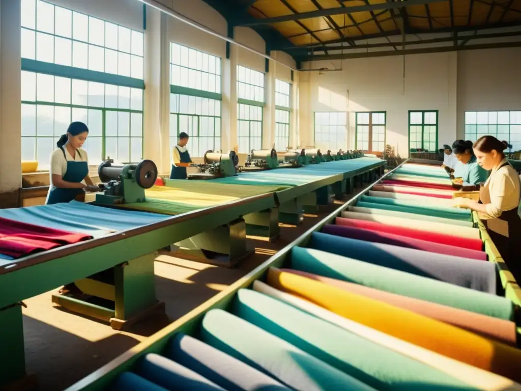 Trabajadores de fábrica reciclando textiles con destreza Trabajadores en fábrica de textiles reciclados en la era digital