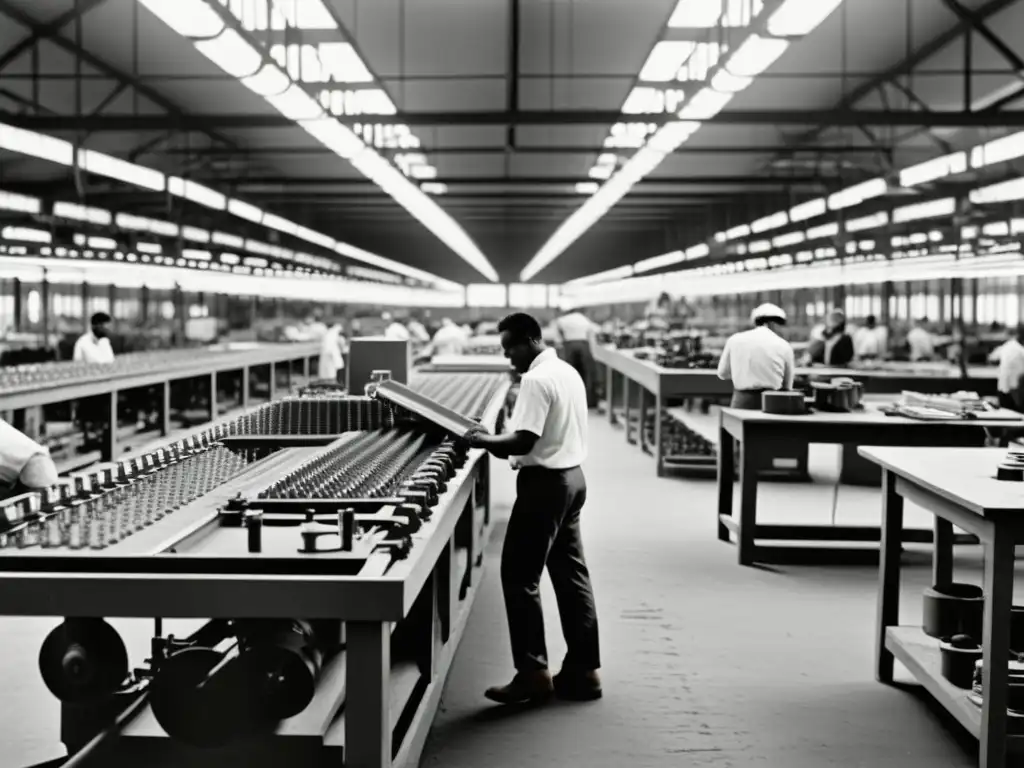 Trabajadores reutilizando materiales para proyectos digitales en una bulliciosa fábrica vintage